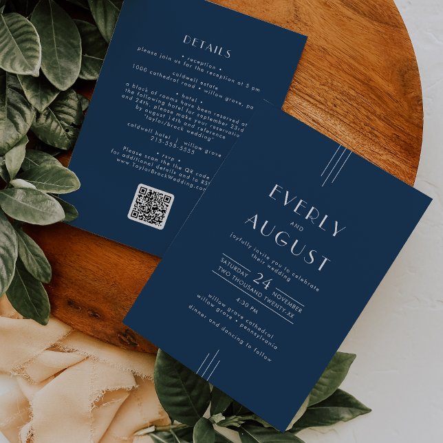 EVERLY Klassisk Art Deco Marinblå QR-kod Bröllop Inbjudningar (EVERLY Classic Art Deco Navy Blue QR Code Wedding Invitation)