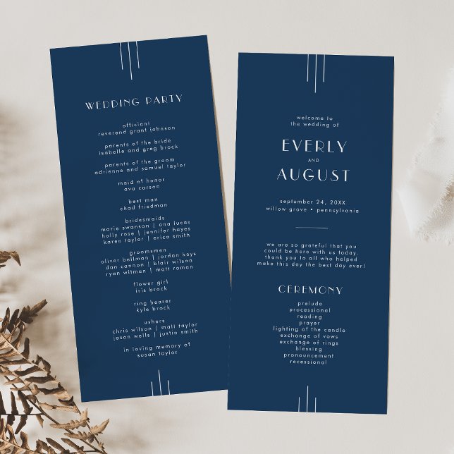 EVERLY Klassisk Modern Art Deco Marinblå Bröllop Program (EVERLY Classic Modern Art Deco Navy Blue Wedding Program)