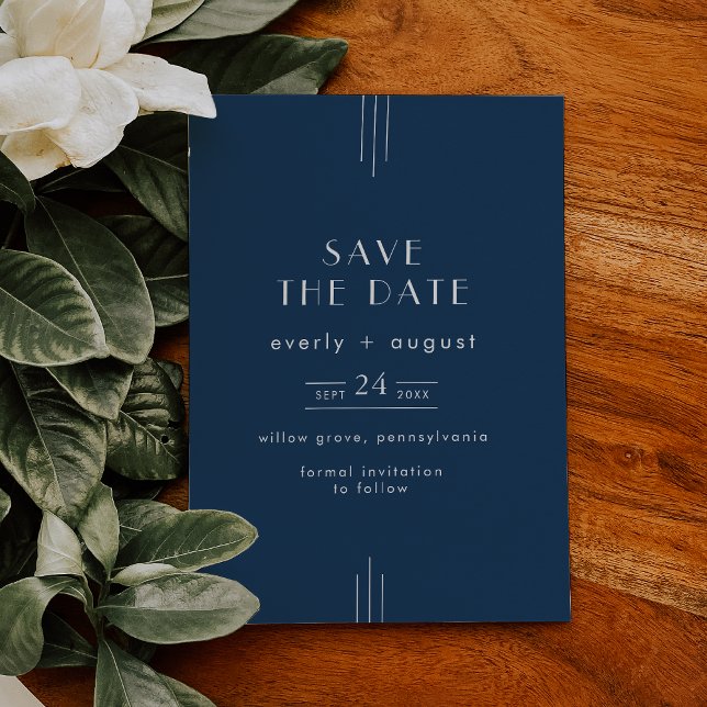 EVERLY Klassisk Modern Art Deco Marinblå Bröllop Spara Datumet (EVERLY Classic Modern Art Deco Navy Blue Wedding Save The Date)