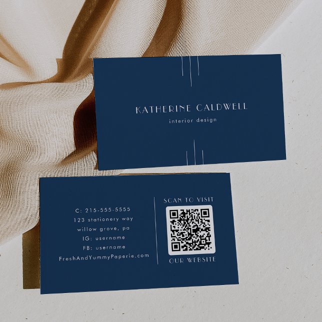 EVERLY Klassisk Modern Art Deco Marinblå QR-kod Visitkort (EVERLY Classic Modern Art Deco Navy Blue QR Code Business Card)