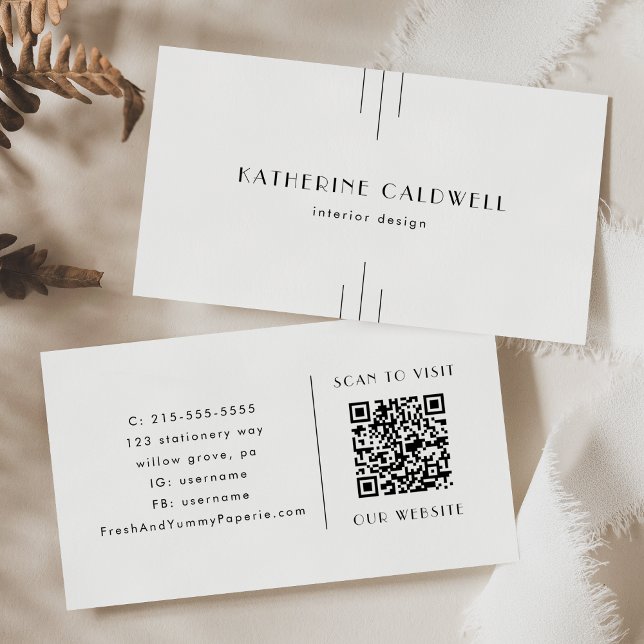 EVERLY Minimalistisk Art Deco Vit och Svart QR-kod Visitkort (EVERLY Minimalist Art Deco White and Black QR Code Business Card)