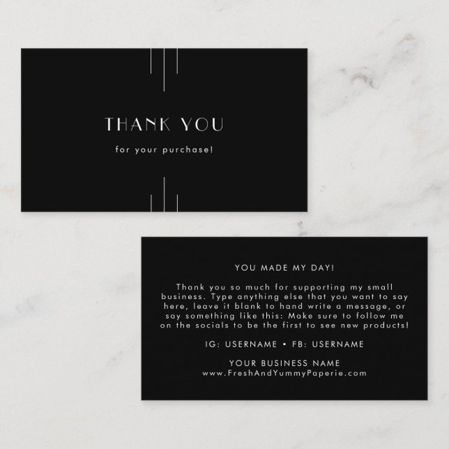 EVERLY Modern Art Deco Black and White Thank You Visitkort (Fram/baksida)