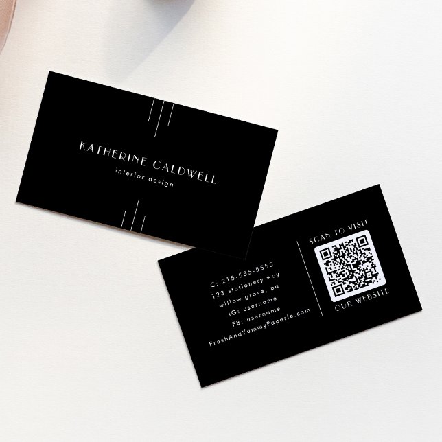 EVERLY Modern Art Deco Svart och Vitt QR-kod Visitkort (EVERLY Modern Art Deco Black and White QR Code Business Card)