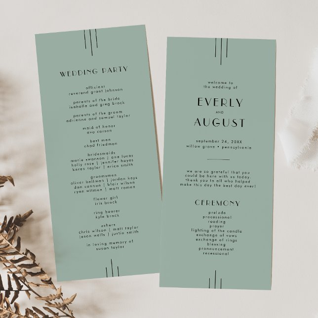 EVERLY Modern Classic Art Deco Sage Grönt Bröllop Program (EVERLY Modern Classic Art Deco Sage Green Wedding Program)