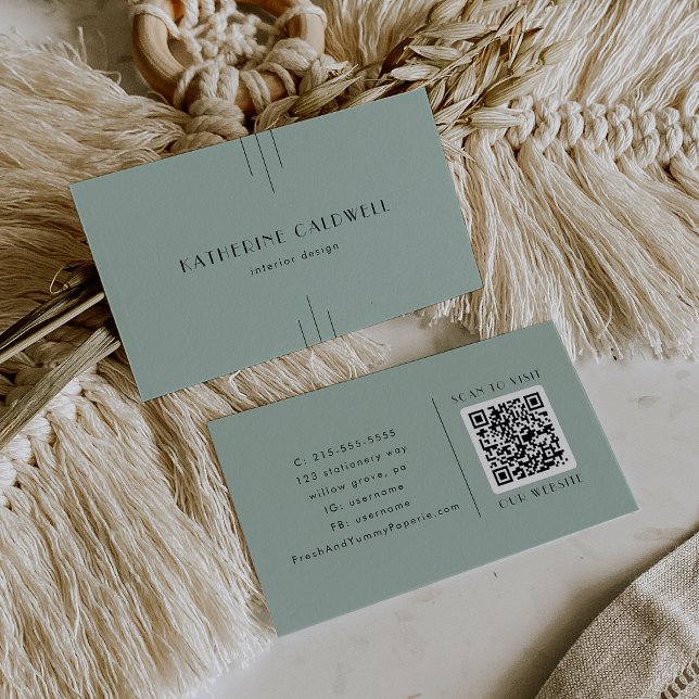 EVERLY Modern Klassisk Art Deco Ljusgrön QR-kod Visitkort (EVERLY Modern Classic Art Deco Sage Green QR Code Business Card)