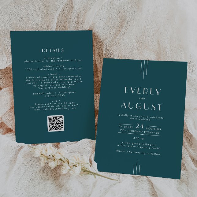 EVERLY Retro Art Deco Peacock Teal QR Code Wedding Inbjudningar (EVERLY Retro Art Deco Peacock Teal QR Code Wedding Invitation)