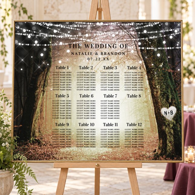 Evermore | Förtrollad Skog Bordsplacering Poster (Amber Evermore enchanted woodland wedding seating chart, styled for a coordinated wedding. Decorative props are not included.)
