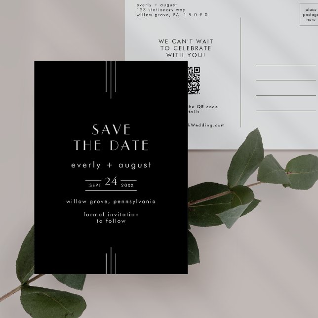 EVERT Modern Art Deco Black Bröllop spara datum Inbjudan Vykort (EVERLY Modern Art Deco Black Wedding Save the Date Invitation Postcard)
