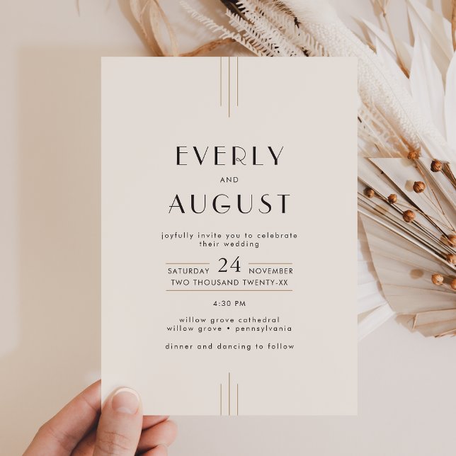 EVERT Retro Art Deco Ivory Guld Black Bröllop Inbjudningar (EVERLY Retro Art Deco Ivory Gold Black Wedding Invitation)