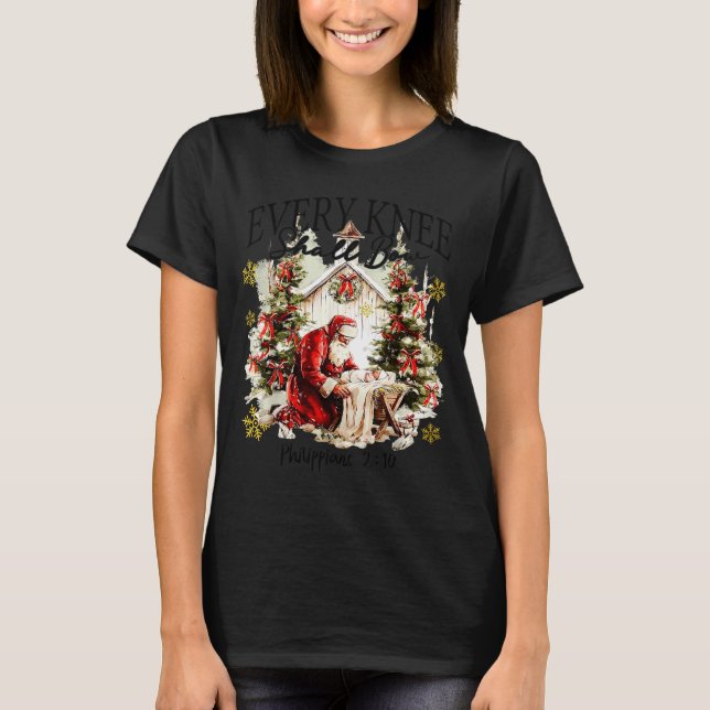 Every Knee Shall Bow Funny Kneeling Santa Baby Jes T Shirt (Framsida)