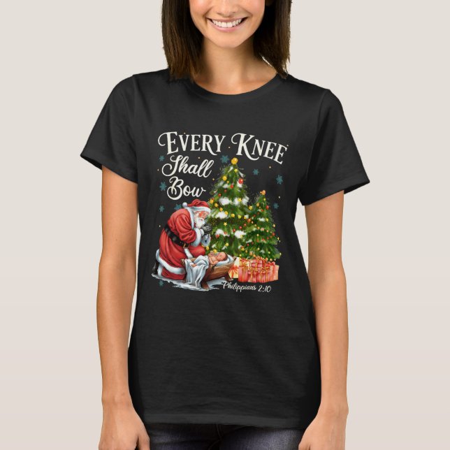 Every Knee Shall Bow Santa Christmas Nativity Scen T Shirt (Framsida)