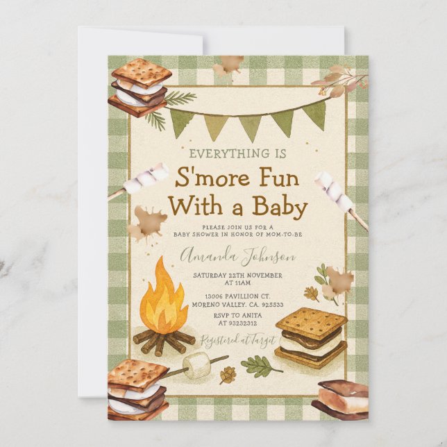 Everything S'more Fun Green Baby Shower Gingham Inbjudningar (Framsida)