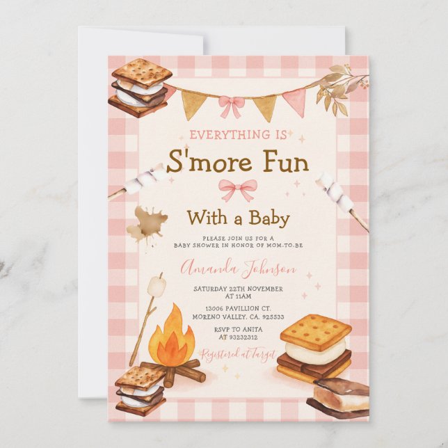 Everything S'more Fun Pink Baby Shower Gingham Inbjudningar (Framsida)