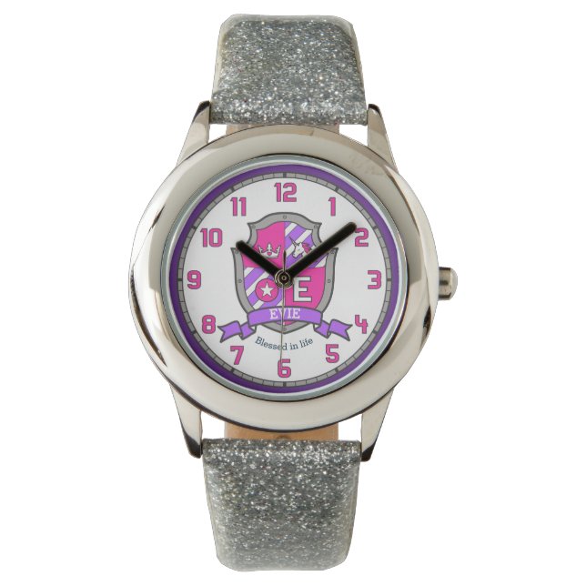 Evie namn betyder brev E Unicorn rosa Armbandsur (Framsida)