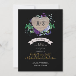 Evig hjärtans bröllopsinbjudan Svart Lila Blommig Inbjudningar