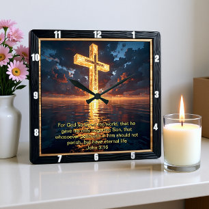 Evig löfte Kors Vatten Solnedgång Johannes 3:16 Fyrkantig Klocka