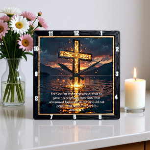 Evig löfte Korset ådrad Vatten Johannes 3:16 Fyrkantig Klocka