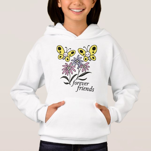 Eviga Vänner Söta Fjärilar och Blommor T Shirt (Framsida)
