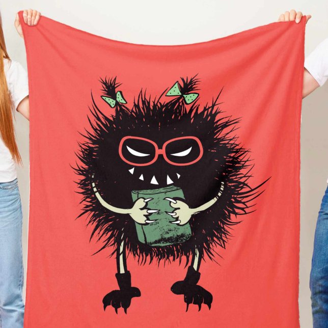 Evil Bok Älskare Character - Edgy läsning Fleecefilt (orange red blanket with an evil creature with eyeglasses and ponytails holding a book, grinning)