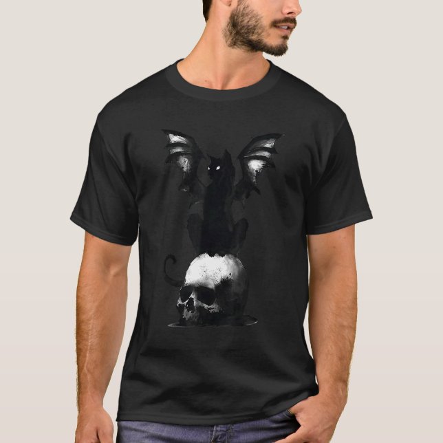 Evil Cat Fladdermus Skull Djävulen Scary Costume H T Shirt (Framsida)