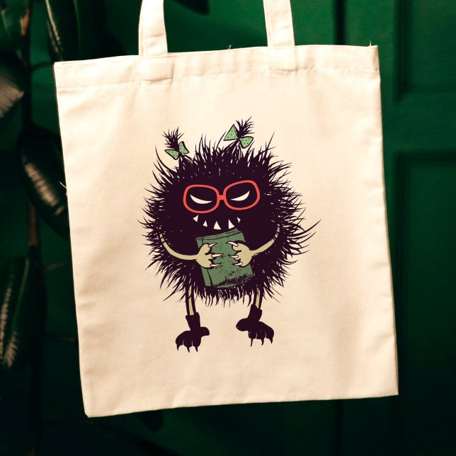 Evil Character Gothic Bok Älskare Tygkasse (canvas tote closeup on dark green background with evil character with ponytails grinning with book)