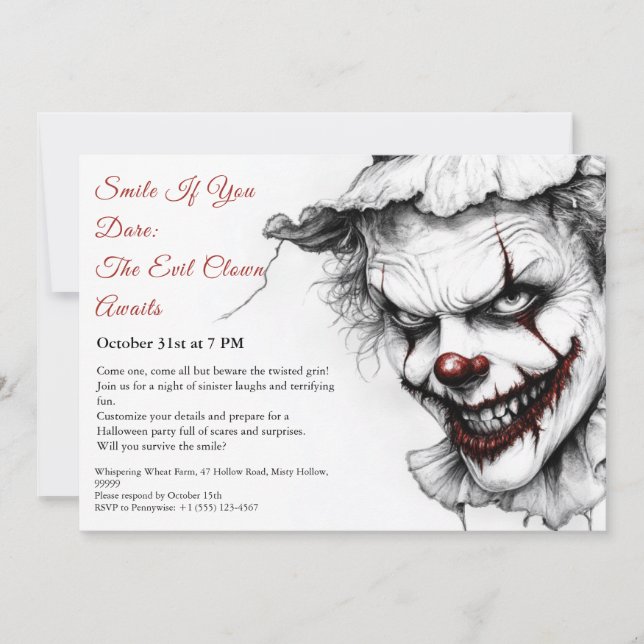 Evil Clown Halloween-inbjudan - Sinister Smile Inbjudningar (Framsida)