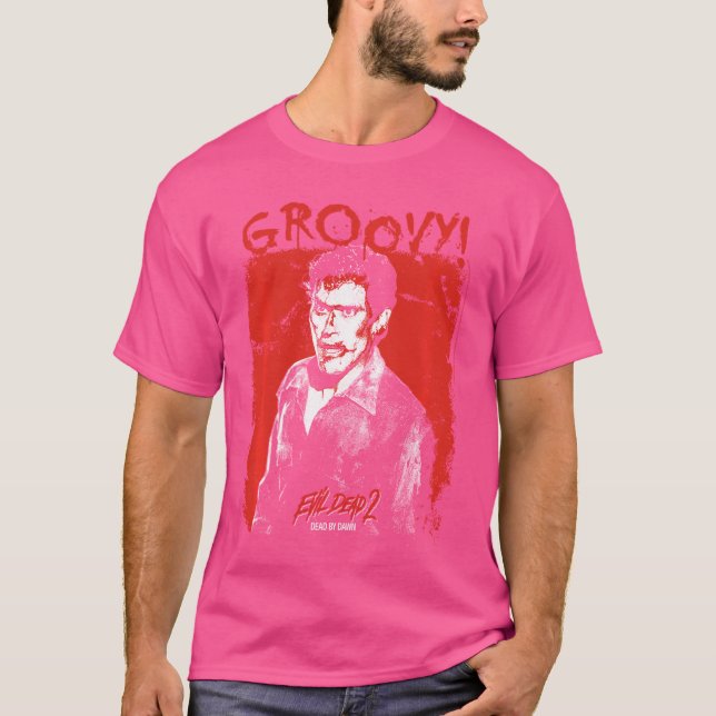 Evil Dead 2 Ash Williams Blodigt Groovy Skräck Kom T Shirt (Framsida)