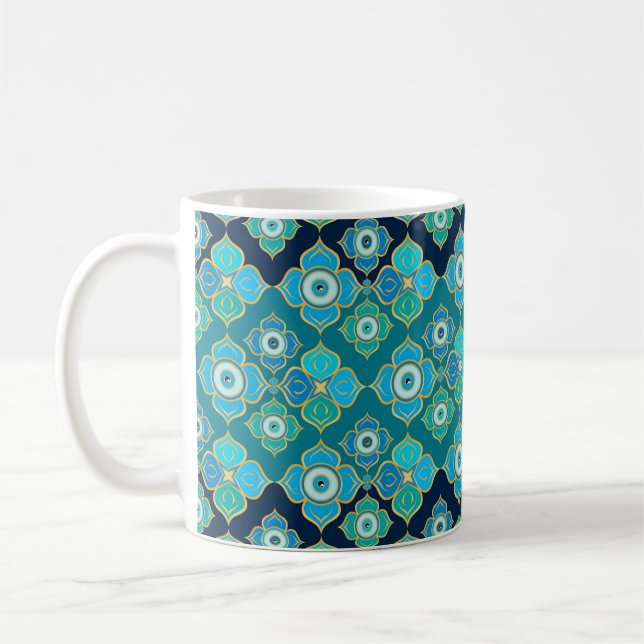 Evil Eye Pattern - Blue Teal and gold Kaffemugg (Vänster)