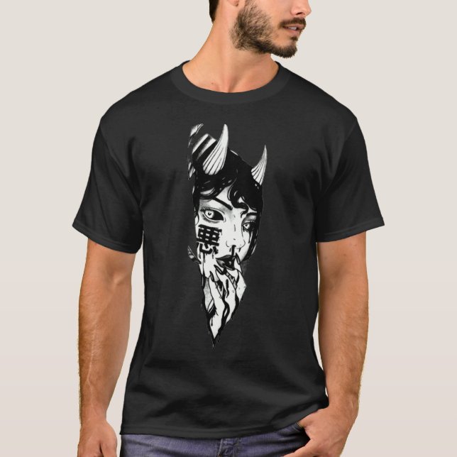 Evil Girl Japanese Cyberpunk Black And White  T-Sh T Shirt (Framsida)