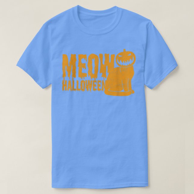 Evil Grin Pumpkin Cat Meow Happy Halloween  T Shirt (Design framsida)