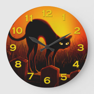 Evil Halloween Black Cat Glowing Öga Wall Clock Stor Klocka