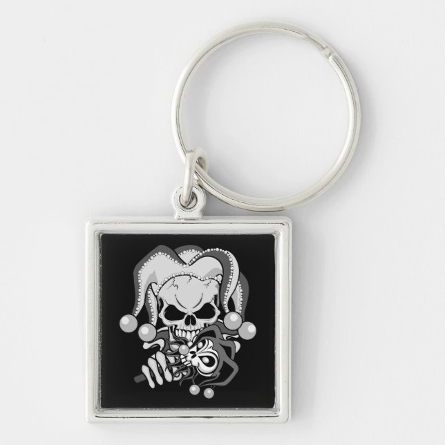 Evil Jester Skull Fyrkantig Silverfärgad Nyckelring (Framsidan)