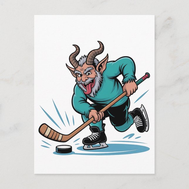 Evil Krampus spelar Ice Hockey Julsport Meddelande Vykort (Framsida)