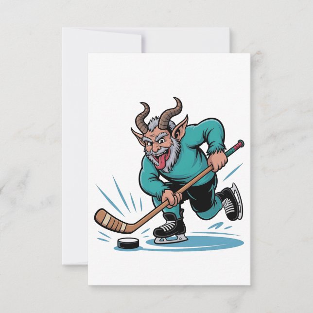 Evil Krampus spelar Ice Hockey Julsport Tack Kort (Framsida)
