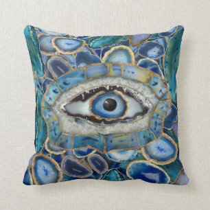 Evil Öga Amulet Blue Geodes och Crystals Kudde