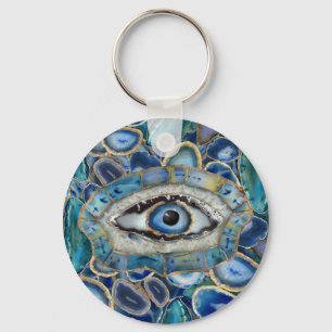 Evil Öga Amulet Blue Geodes och Crystals Nyckelring
