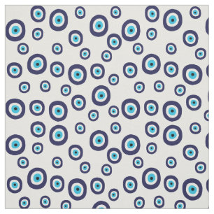 Evil Öga Navy Blue and Aqua Circles on White Tyg
