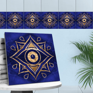 Evil Öga Ornament Guld och Blue Marble Kakelplatta