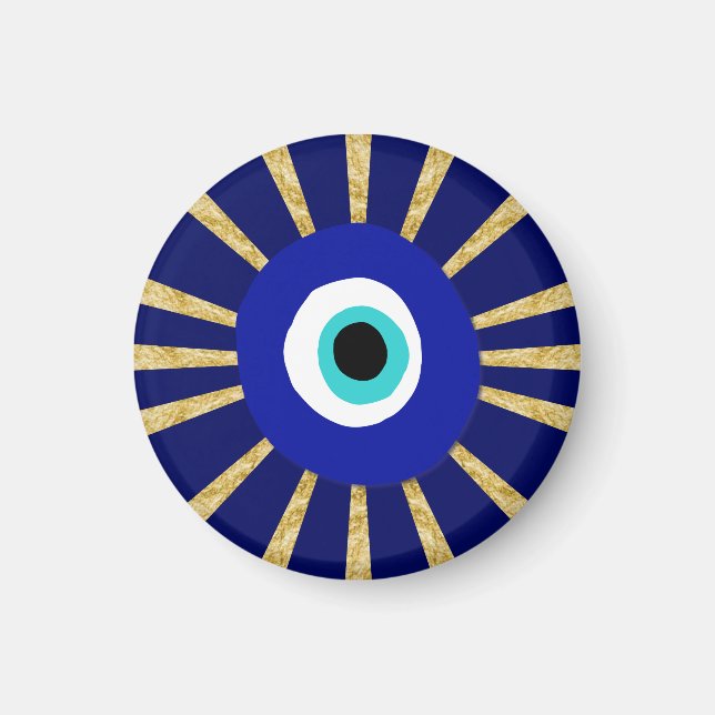 Evil Öga Symbol på Guld Sunburst Magnet (Framsidan)