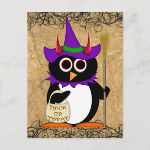Evil Penguin Halloween Witch-vykort Vykort