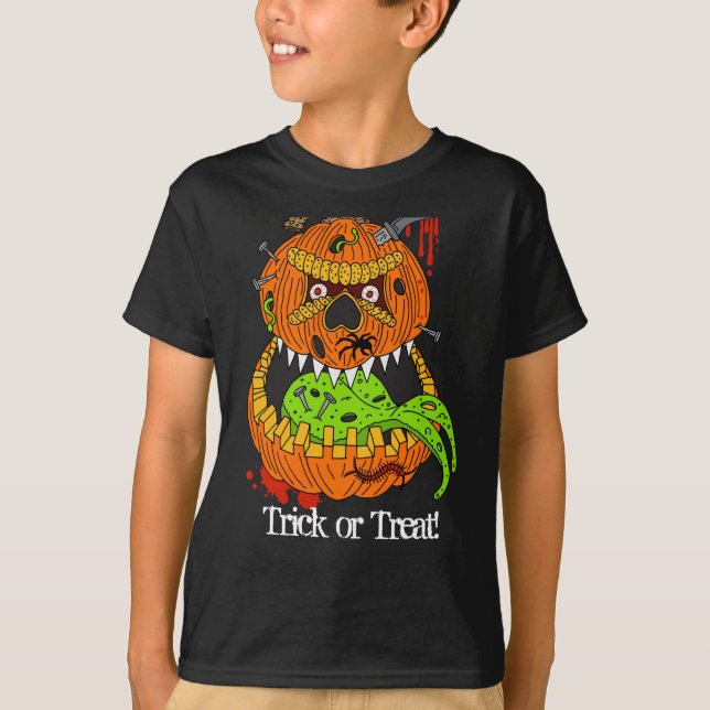 Evil Pumkin Scary Bus eller godis Kids Halloween T Shirt (Framsida)