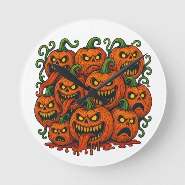 Evil Pumpkin Horde Halloween Rund Klocka (Framsida)