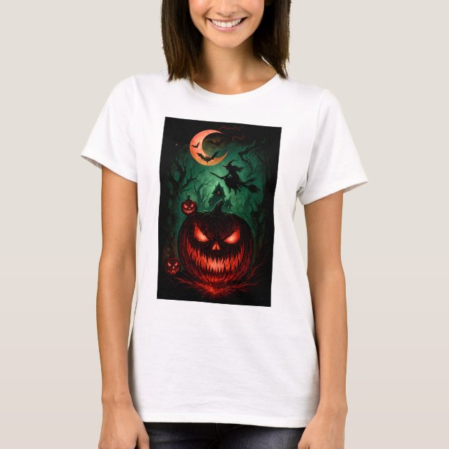 Evil Pumpkin Under Blood Moon | Witch Flying Hallo T Shirt (Framsida)