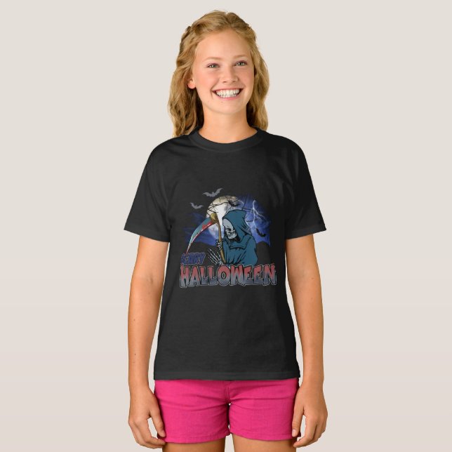 Evil Skeleton In Scary Dark Night Halloween T Shirt (Hel framsida)