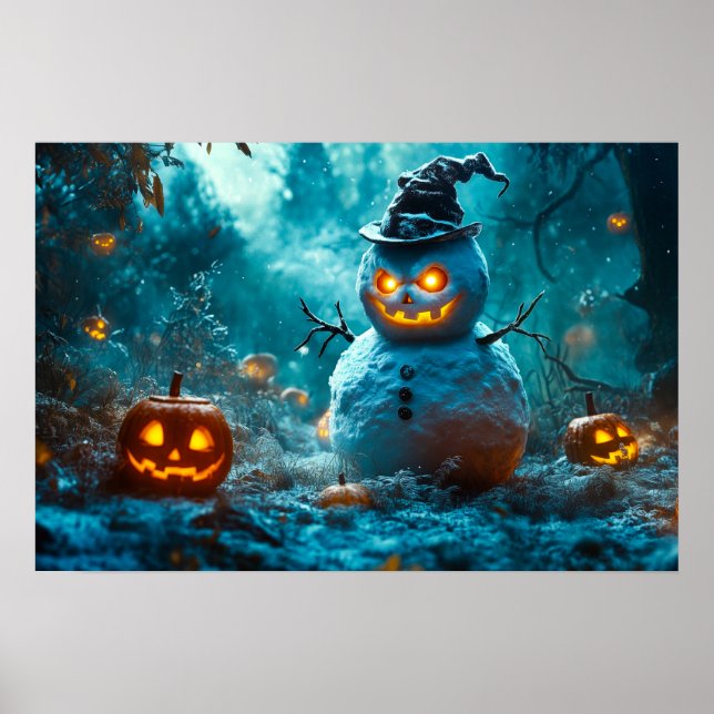 Evil Snögubbe med Glowing Pumpkins in Mörk Forest Poster (Framsidan)