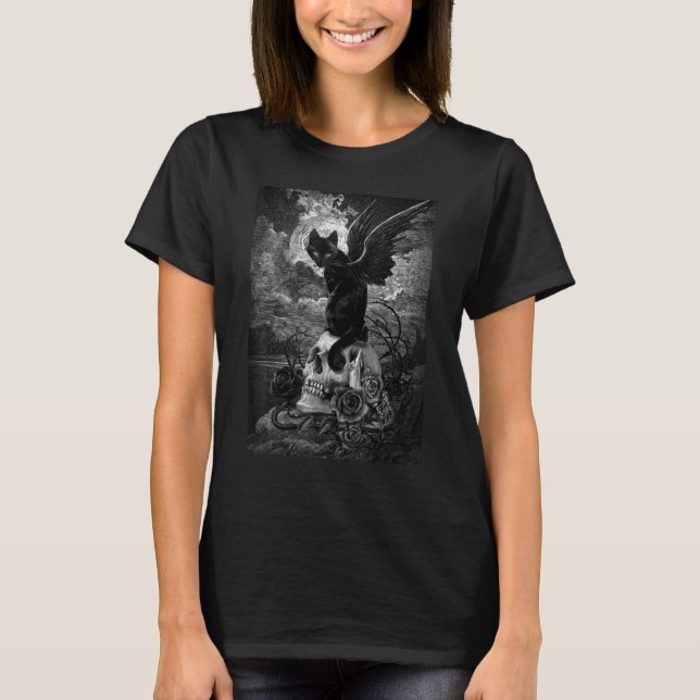 Evil Sphynx Cat Fladdermus Skull Wicca Gothic Goth T Shirt (Framsida)