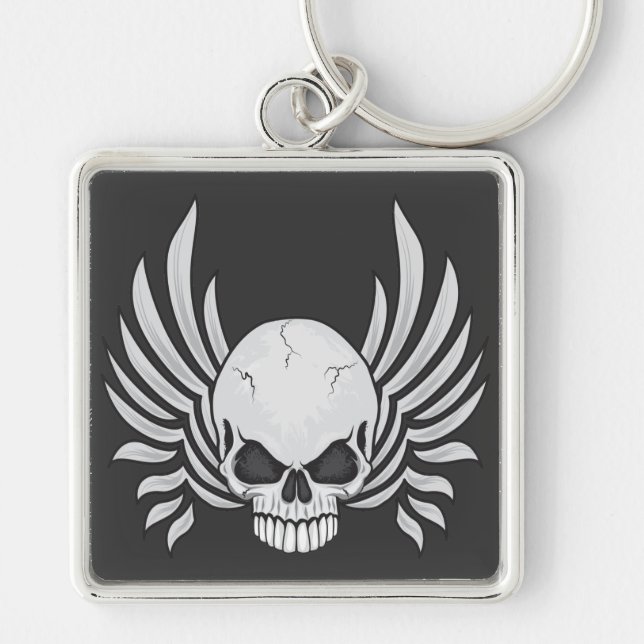 Evil Winged Skull Fyrkantig Silverfärgad Nyckelring (Framsidan)