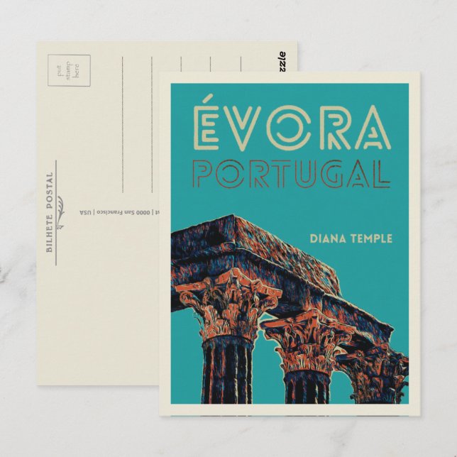 Evora Dianatempel illustration Portugal vykort (Fram/baksida)