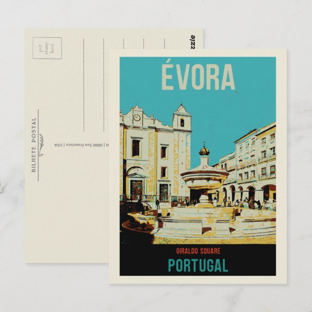 Evora Giraldo kvadratillustration Portugal Vykort (Fram/baksida)
