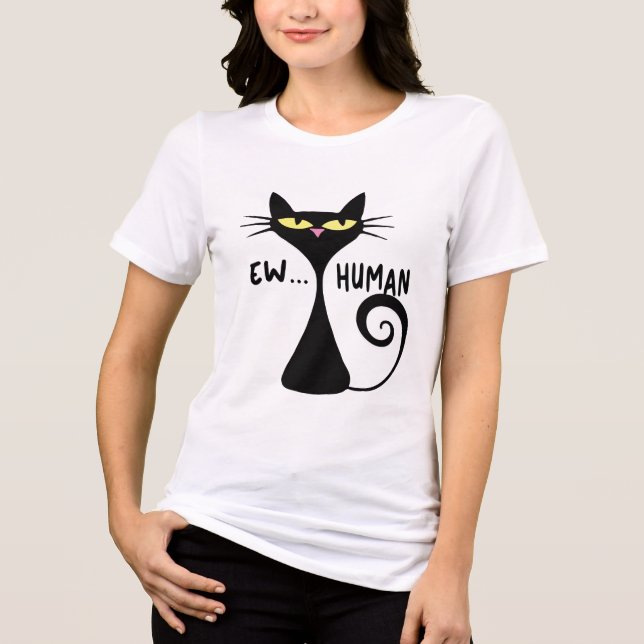 Ew Human - Sleek Black Cat Minimalist Art T Shirt (Framsida)